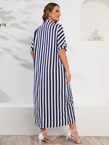 SHEIN LUNE Plus Striped Print Notched Neckline Batwing Sleeve Dress - Navy Blue - View 2