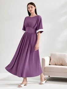 Mulvari Tay áo tương phản Váy chữ A - Màu tím - Xem 2