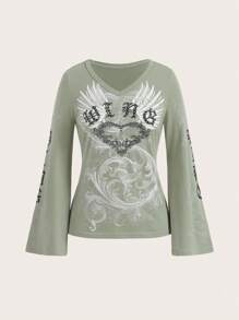 Grunge Punk 大尺碼女士龍紋長袖t恤 - 綠色 - 查看 1