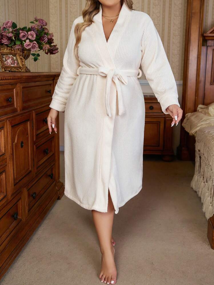 Plus Solid Belted Robe - Apricot - View 1