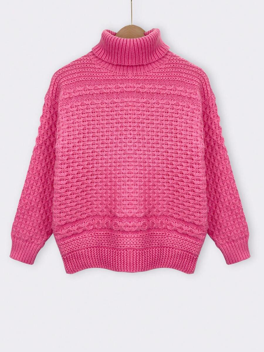 SHEIN Unity Áo len cổ cao tay rớt vai màu trơn, thích hợp cho mùa thu đông. - Màu Hồng Tươi - Xem 1