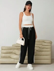 SHEIN Essnce Tương phản Đường may bên Eo dây rút Quần - màu đen - Xem 3