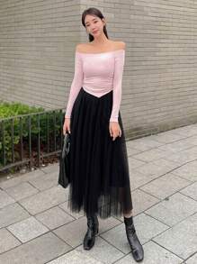 DAZY Solid Mesh Overlay Skirt