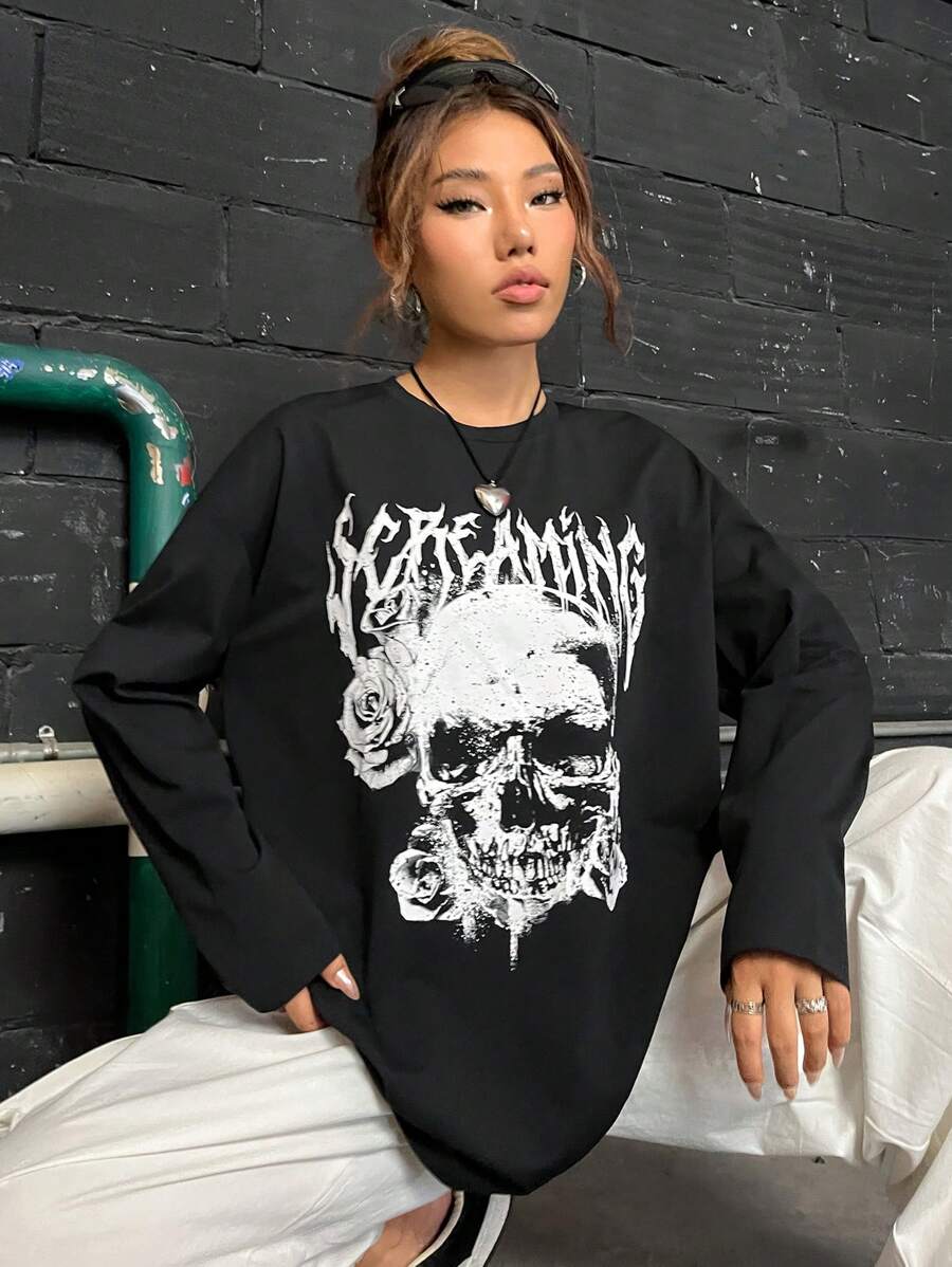 SHEIN Coolane 骷髏頭和字母圖案落肩T恤 - 黑色 - 查看 1
