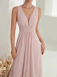 Plunging Neck Ruched Waist Chiffon Bridesmaid Dress - Pink - View 6