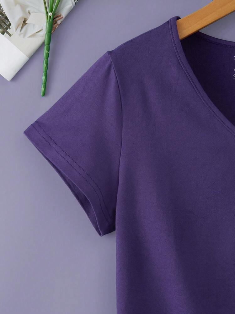 INAWLY מכתב פרחוני קז'ואל חולצת טי - סגול סיגלית - ראה 3