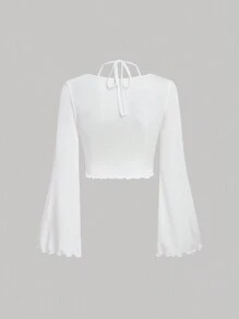 SHEIN MOD Chất rắn Xù Ren Mộc nhĩ Buộc lại Tay áo kèn  Áo phông Crop - trắng - Xem 2