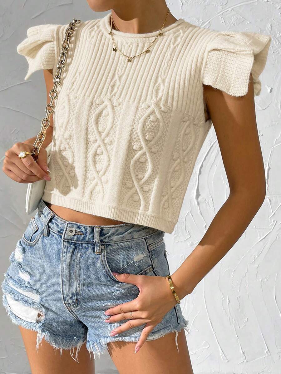 SHEIN Privé Top ribete con fruncido tejido de cable - Albaricoque - Ver 1