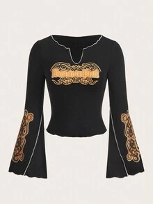 SHEIN ICON 字母圖案缺口領撞色滾邊荷葉袖T恤 - 黑色 - 查看 7