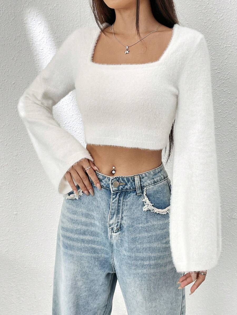 Muchica Square Neck Crop Fuzzy Knit Top - White - View 1