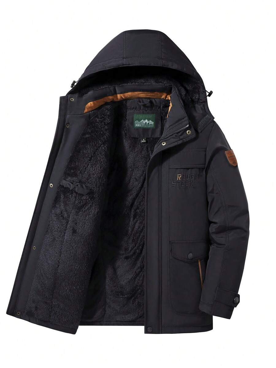 Men Letter Patched Zip Up Thermal Hooded Coat - Black - View 1