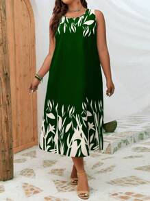 SHEIN EZwear 大碼植物圖案直筒洋裝 - 墨綠色 - 查看 4