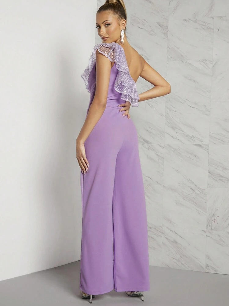 Elegant One Shoulder Sequin Ruffle Jumpsuit