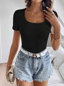 SHEIN Clasi Solid Scoop Neck Ribbed Knit Tee - Black - View 5