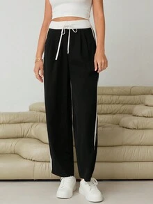 SHEIN Essnce Tương phản Đường may bên Eo dây rút Quần - màu đen - Xem 6
