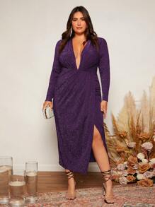 SHEIN Belle 大碼深V領圍裹下擺金屬亮絲伴娘洋裝 - 紫色 - 查看 3