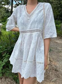 DAZY 刺绣细节罩衫连衣裙，适合夏季海滩度假 - 白色 - 查看 2