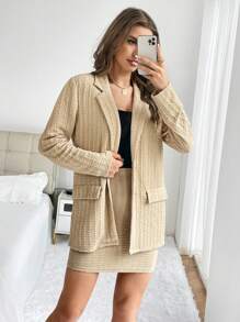 SHEIN Essnce Lapel Neck Blazer & Bodycon Skirt - Khaki - View 3