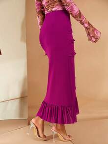 SHEIN BAE Frill Trim Split Thigh Ruffle Hem Skirt - Red Violet - View 3