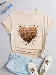 SHEIN LUNE Camiseta con estampado de corazón - Albaricoque - Ver 1