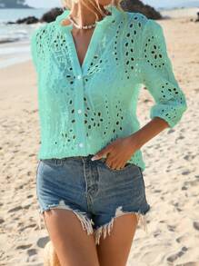 SHEIN VCAY Eyelet Embroidery Notched Neckline Puff Sleeve Blouse - Green - View 4