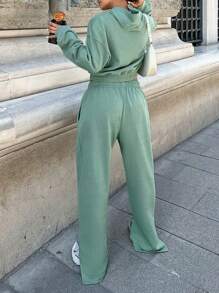 RueChic Plus Drop Shoulder Crop Hoodie & Pants - Green - View 2