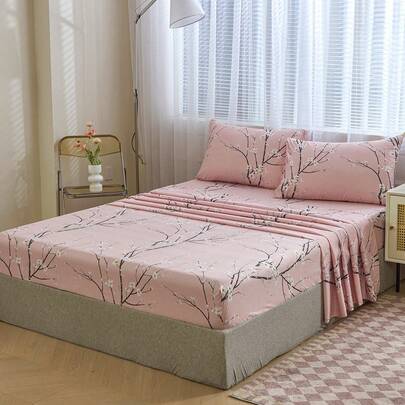 4pcs Pink Plum Blossom Pattern Bedding Set, Soft Microfiber Bedding Set Includes 1 Bed Sheet, 1 Fitted Sheet, 2 Pillowcases, Suitable For Twin, Full, Queen, King Size Beds, Deep Pocket Fitted Sheet Fits Up To 11.8 Inch Mattress, Breathable And Wrinkle-Free, Luxury Hotel Style, Great Gift For Parents, Friends, Dorm Room