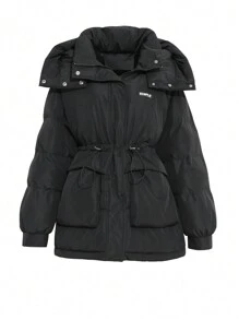 DAZY Letter Graphic Drawstring Waist Hooded Puffer Thick Pockets Coat - Black - View 17