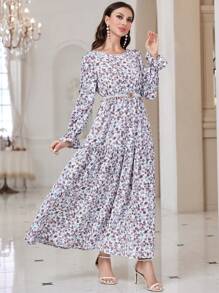 Mulvari Ditsy Floral Print Flare Sleeve Ruffle Hem Dress Without Belt - Purple - View 3