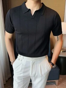 Men's Summer Thick Rib Knit Drawstring Textured Short Sleeve Polo Sweater - Black - View 1
