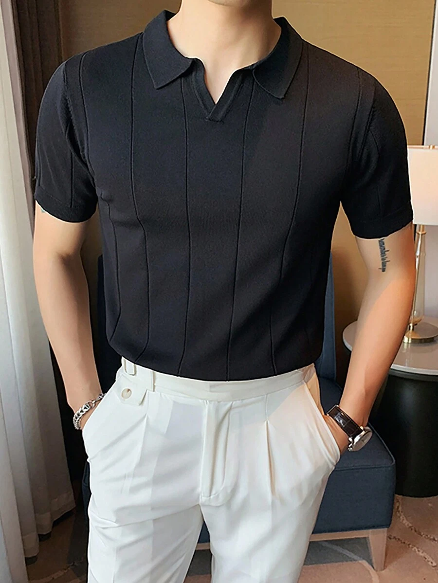 Men's Summer Thick Rib Knit Drawstring Textured Short Sleeve Polo Sweater - Black - View 1