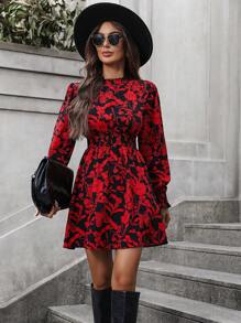 SHEIN LUNE Floral Print Flounce Sleeve Dress For New Year Clothes Fall Cloth For Women - Red - View 4