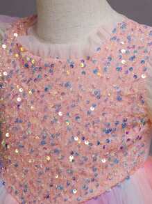 Tween Girl Contrast Sequin Puff Sleeve Mesh Overlay Gown Dress - Multicolor - View 5