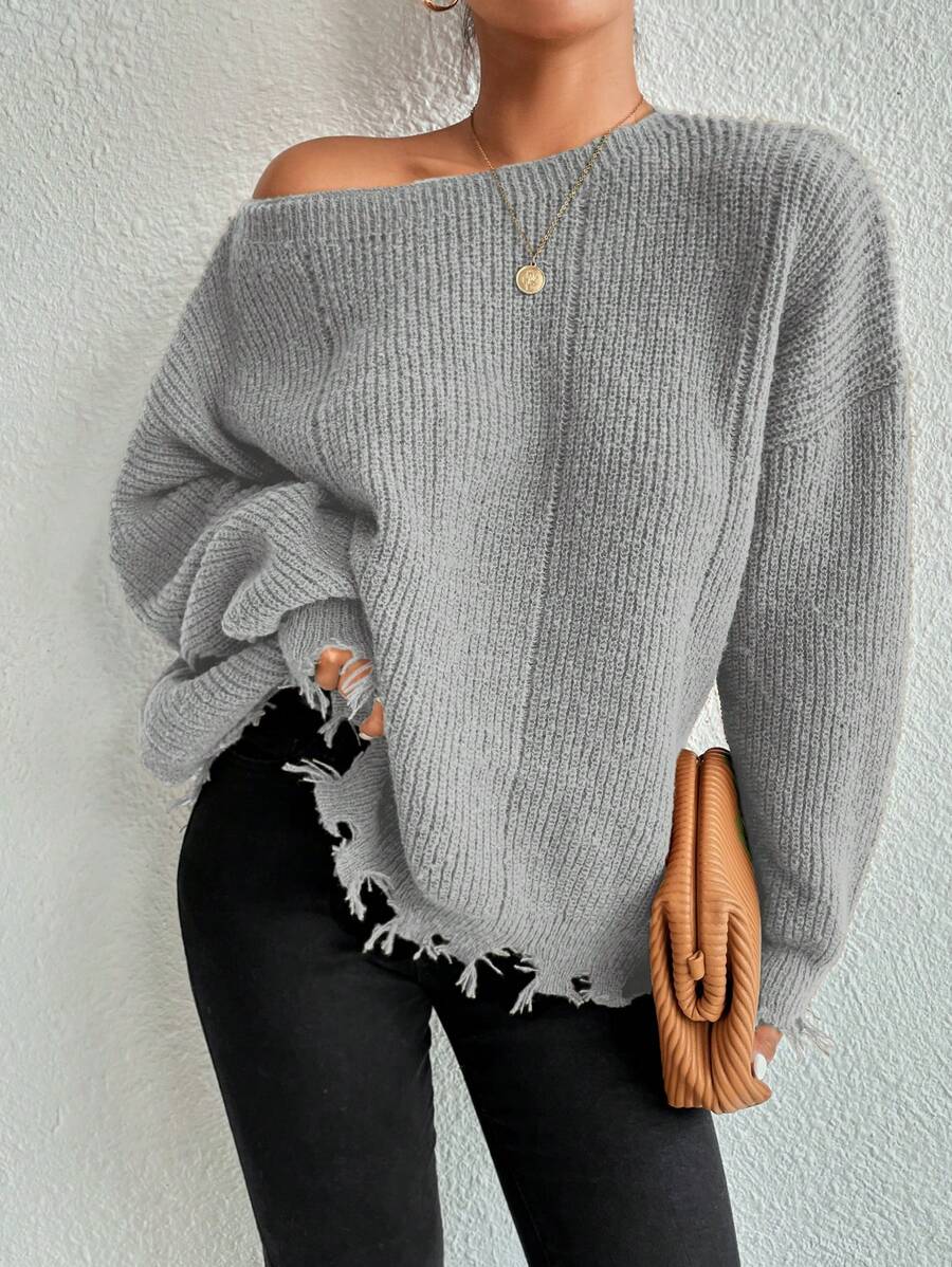 SHEIN Essnce Drop Shoulder Distressed Trim Sweater - Light Grey - View 1