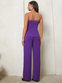 SHEIN Tall 素色前紐扣抹胸上衣和褲子 - 紫色 - 查看 2