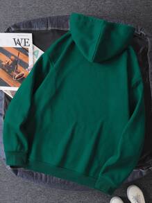 INAWLY 骷髅圖案抽繩加絨內裏連帽衫 - 墨綠色 - 查看 2