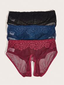 Classic Sexy Plus Size Mesh Fabric Crotchless Lingerie Set With Contrast Lace - Multicolor - View 2