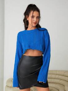 SHEIN Essnce Solid Drop Shoulder Crop Sweater - Blue - View 4