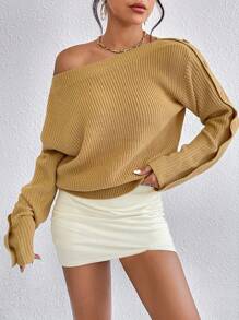 SHEIN Privé Båtkrage Ribbstickad Tröjor - Gul - Visa 3