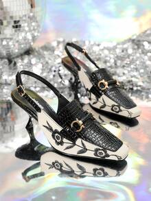 Women's Embroidered High Heel Square Toe Back Strap Pump With Decorative Buckle - Multicolor - View 5