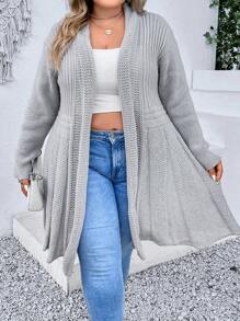 SHEIN LUNE Áo len cardigan thiết kế thường ngày màu trơn cỡ lớn - Xám - Xem 1