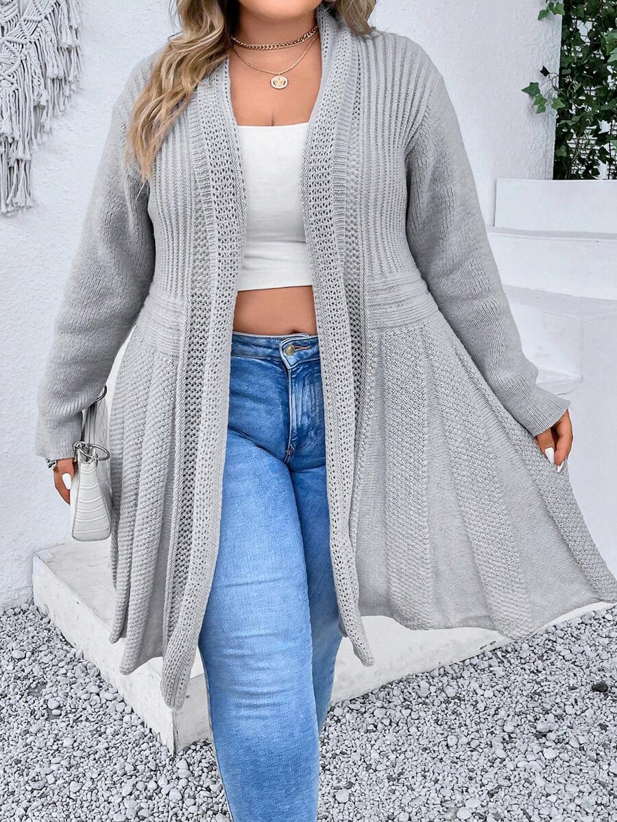 SHEIN LUNE Áo len cardigan thiết kế thường ngày màu trơn cỡ lớn - Xám - Xem 1