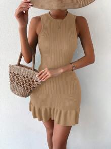 SHEIN Privé 荷葉邊毛衣洋裝不附腰帶 - 駝色 - 查看 3