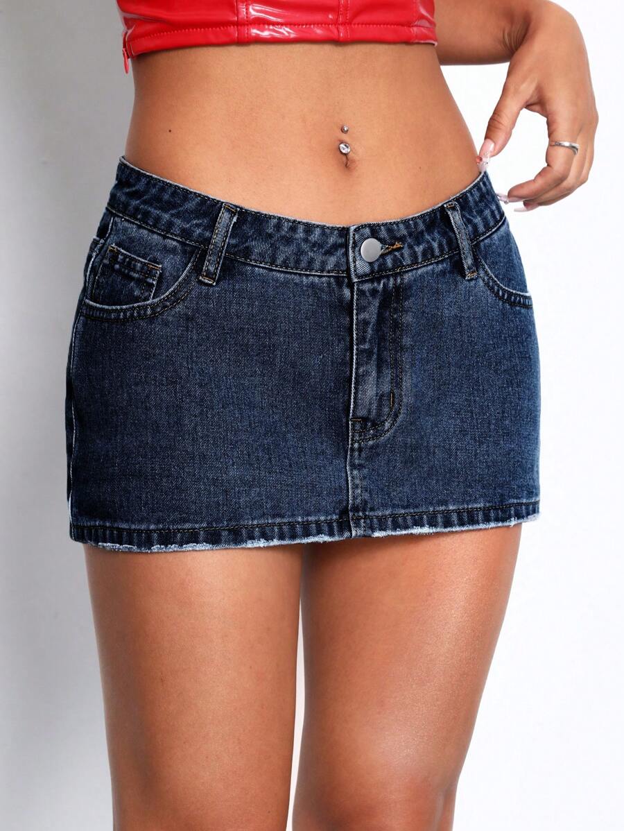 SHEIN ICON Solid Denim Skirt - Dark Wash - View 1