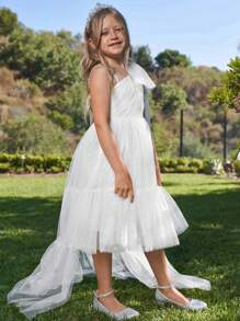 Tween Girl Asymmetrical Shoulder Bow Detail Ruffle Hem Mesh Overlay Dress - White - View 3