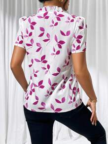 SHEIN Clasi 樹葉印花泡泡袖荷葉邊襯衫 - 紫色 - 查看 2