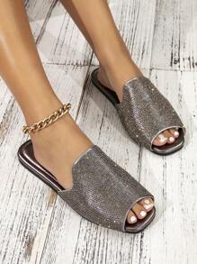 女士水钻装饰露趾平底户外鞋，春夏穿搭 - 灰色 - 查看 2