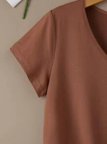 INAWLY Solid V Neck Tee - Coffee Brown - View 3