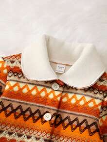 SHEIN Young Girl Chevron Print Borg Collar Jacket - Orange - View 3