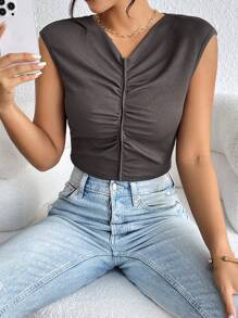 SHEIN Unity Ruched Front Crop Tank Top - Dark Grey - View 3